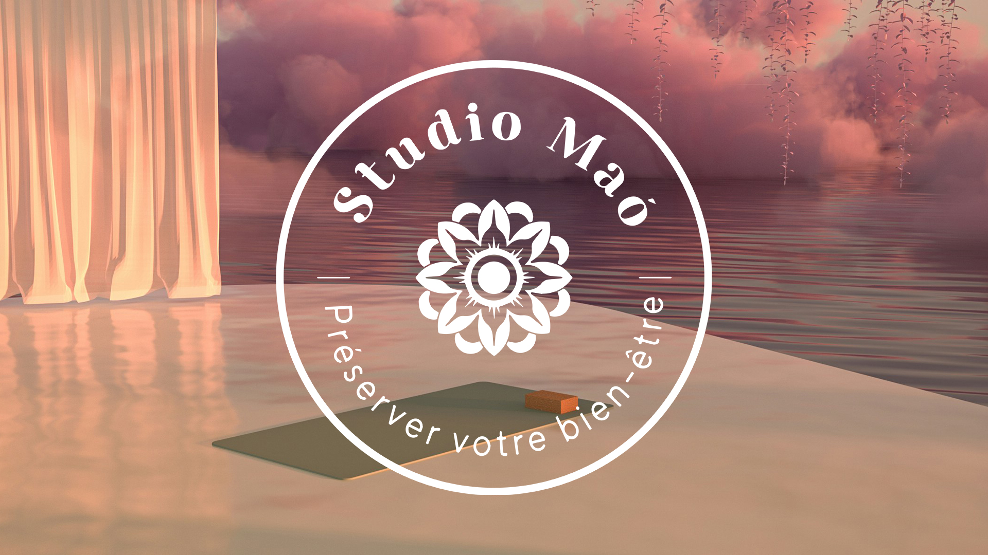 Logo studio mao devant un tapi de yoga vue sur un lac au ciel rose
